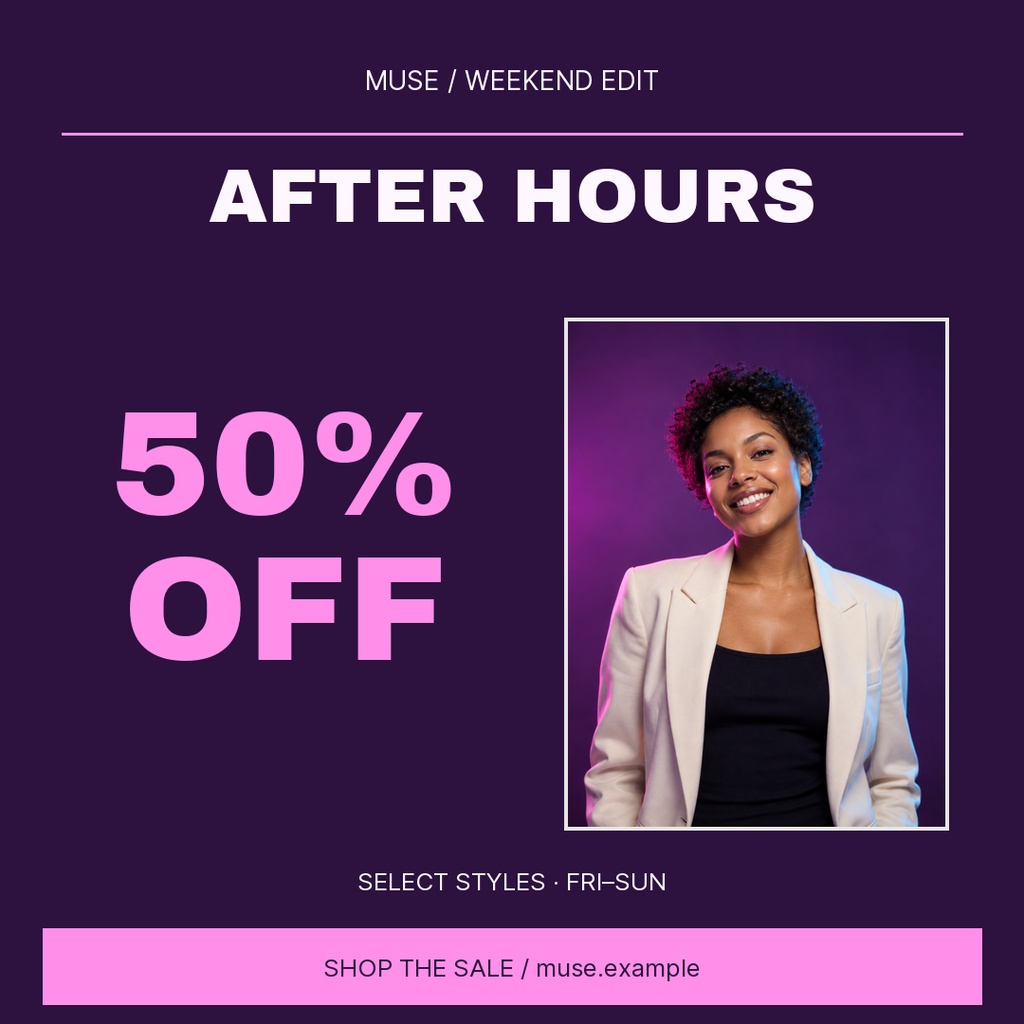 Square promo graphic with 50% off text, purple background, and a smiling woman in a light blazer.
