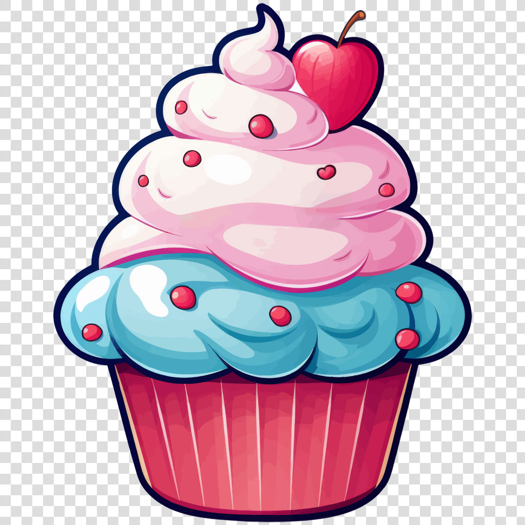 Cartoon cupcake with pink and blue frosting and a cherry on top