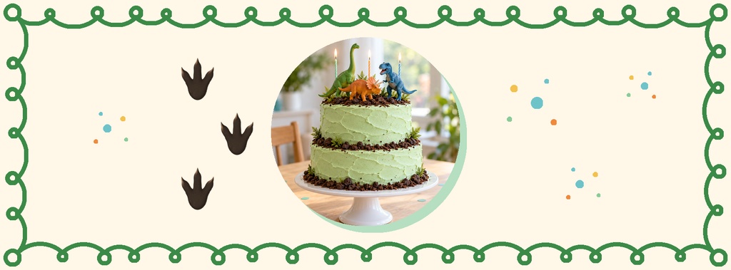Cream birthday cover with green scalloped border, dinosaur footprints, confetti dots, and cake photo