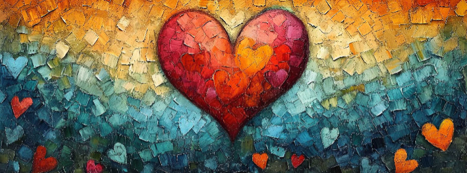 A red heart mosaic artwork on a blue and orange background