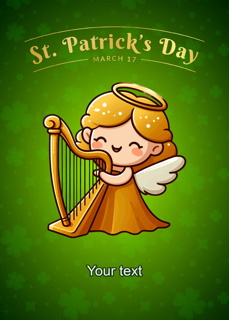 Cartoon angel with halo and wings playing a harp on a green background with 'St. Patrick's Day March 17' text