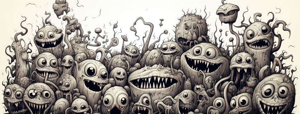 A dense cluster of cartoonish monsters with sharp teeth and large eyes in a black and white illustration.