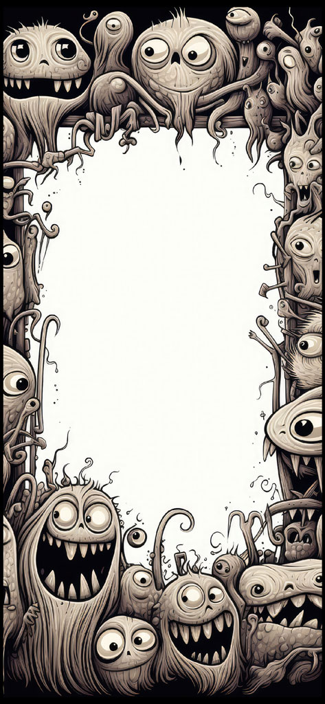 A black and white illustration of a frame filled with various monsters and creatures.