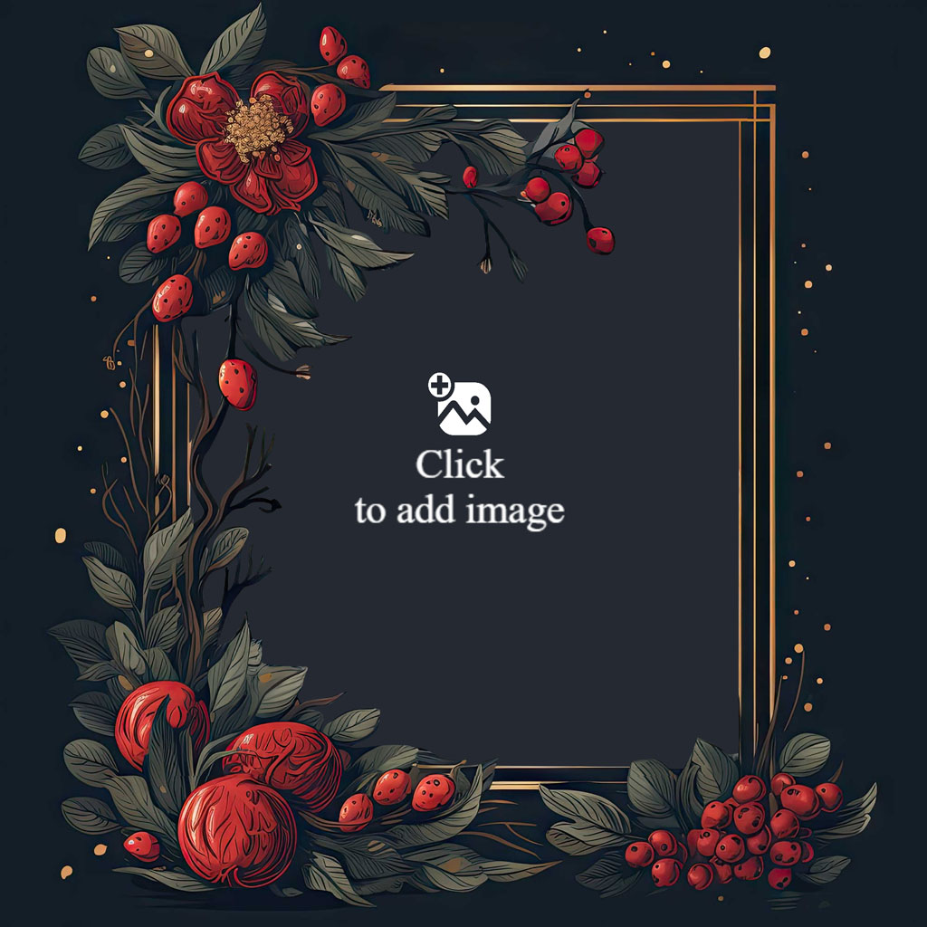 A smiling couple in a decorative frame with red flowers and leaves