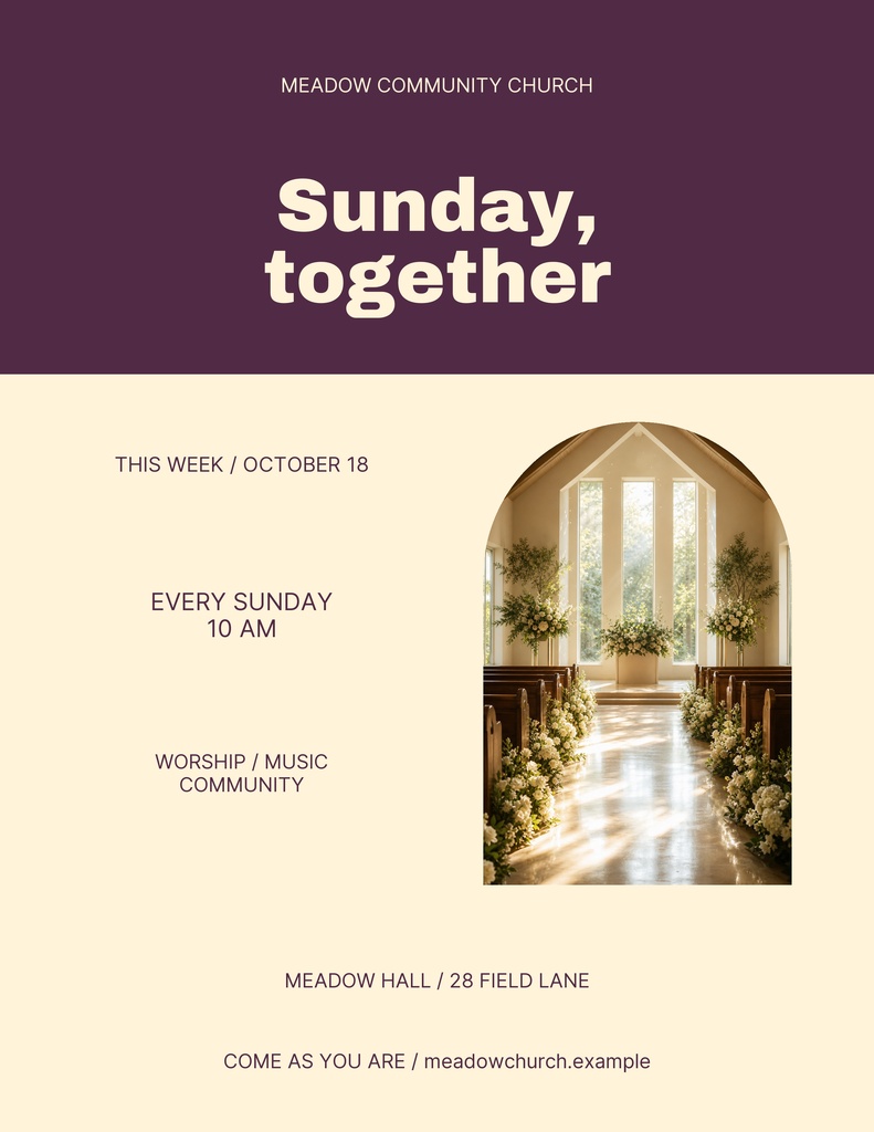 Portrait church flyer with purple header, cream body, arched sanctuary photo, and Sunday service details