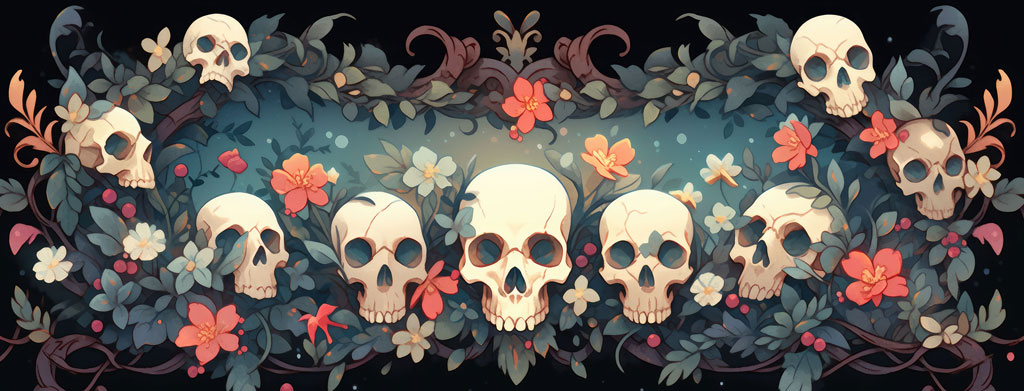 Illustration of skulls and flowers on a dark background