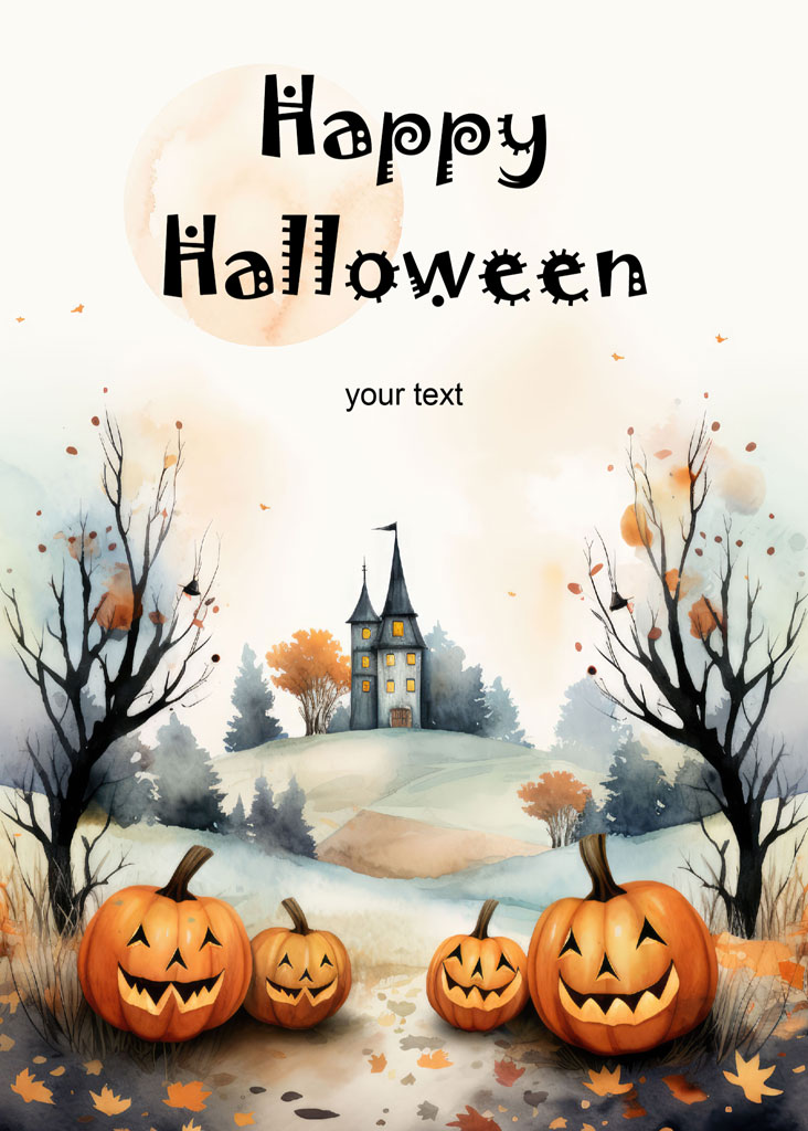 Halloween card with a haunted house and pumpkins