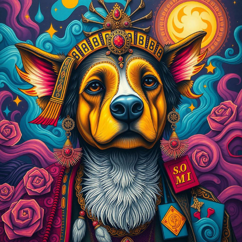 A man with blue and green face paint, wearing a gold headband and ornate red and gold robe.