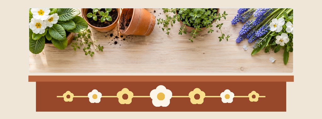 Spring garden banner with flowers, potted plants, and a wooden tabletop on a landscape cover layout.