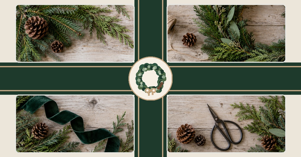 Four photo panels with evergreen branches, pinecones, twine, scissors, and a wreath center on a dark green background.