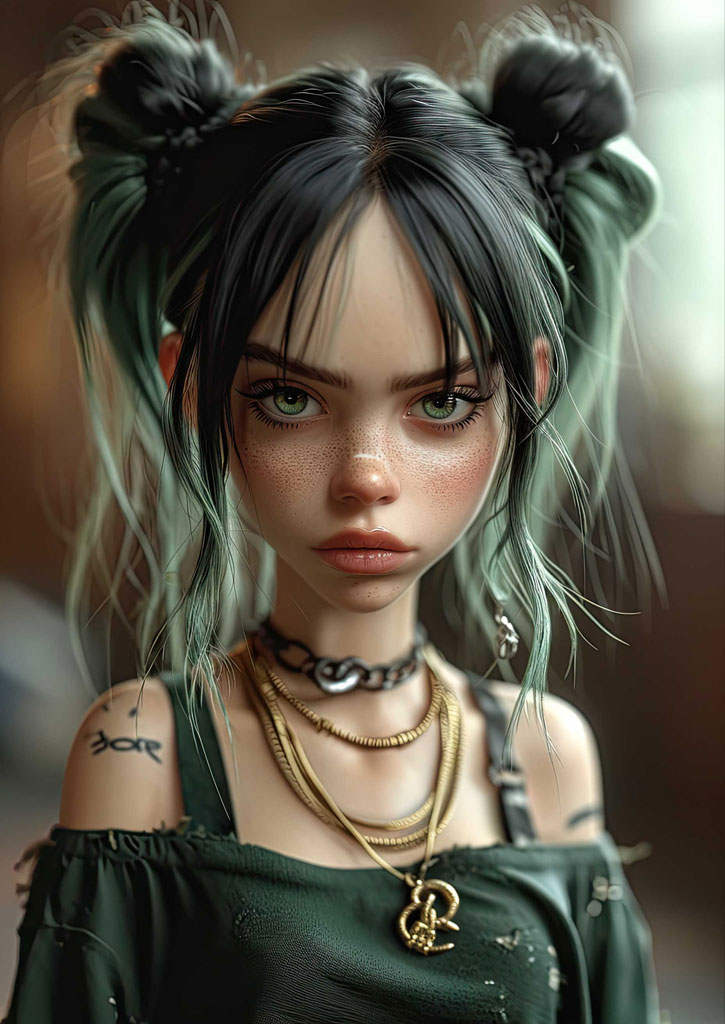 A close-up portrait of a young woman with green hair styled in twin buns, wearing multiple gold necklaces and a green top.
