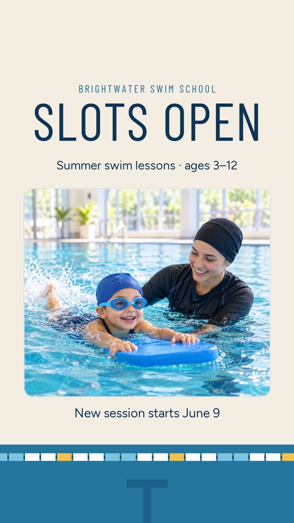 Instagram story template with swimmer and instructor in a pool, featuring the text Slots Open.