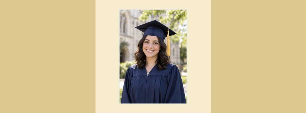 Smiling graduate in a cap and gown centered on a beige page cover background.