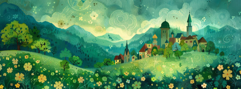Illustration of a quaint village surrounded by lush greenery and colorful flowers