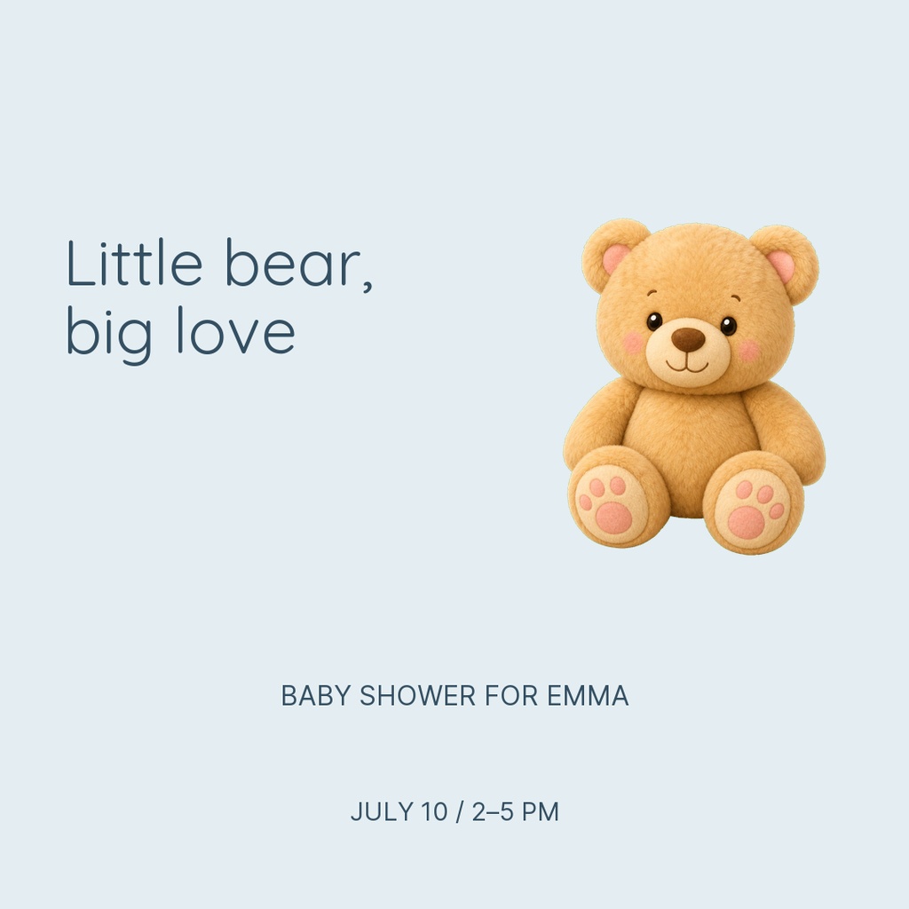 Soft blue square baby shower template with a teddy bear and simple text.