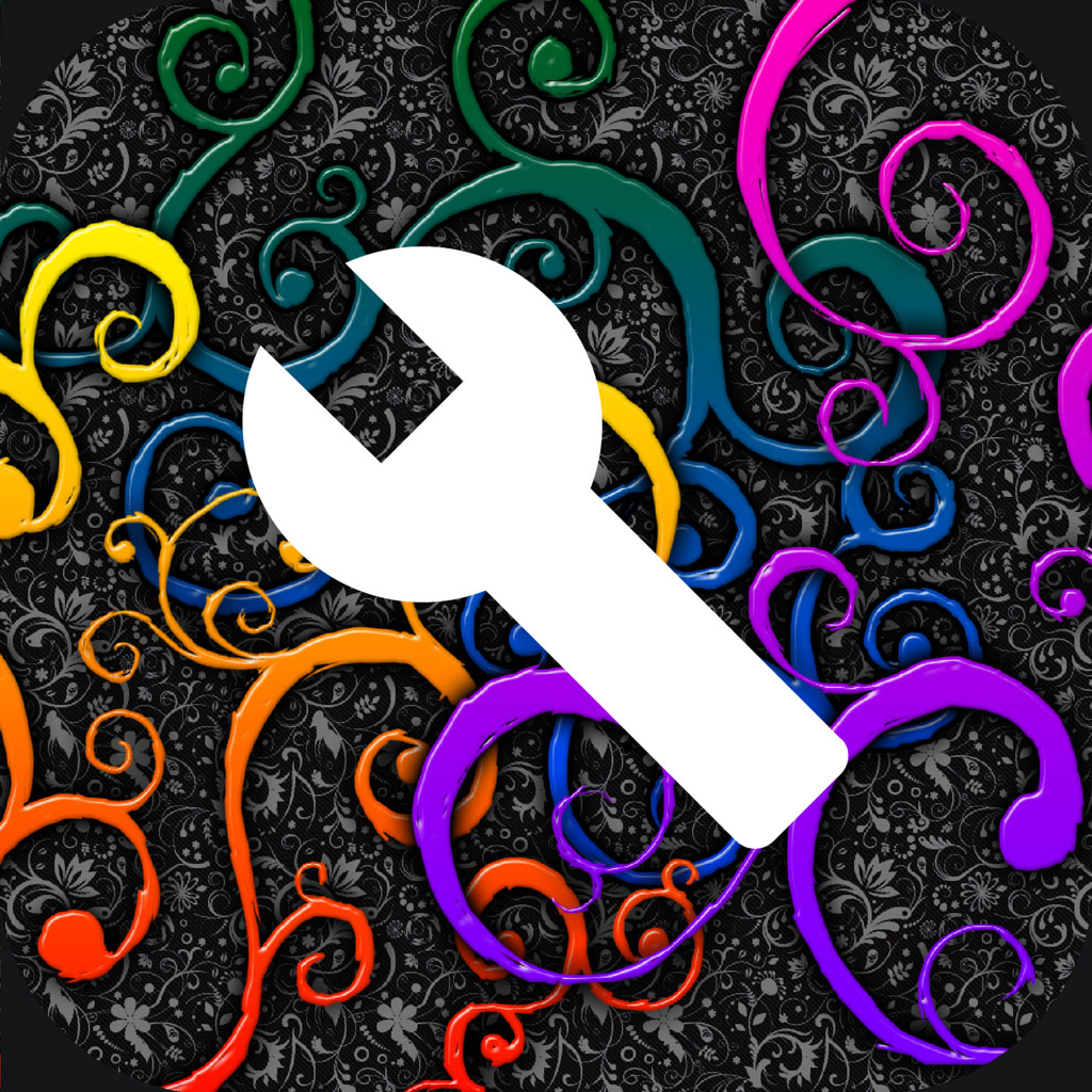 White adjustable wrench on a black floral background with swirling colorful shapes