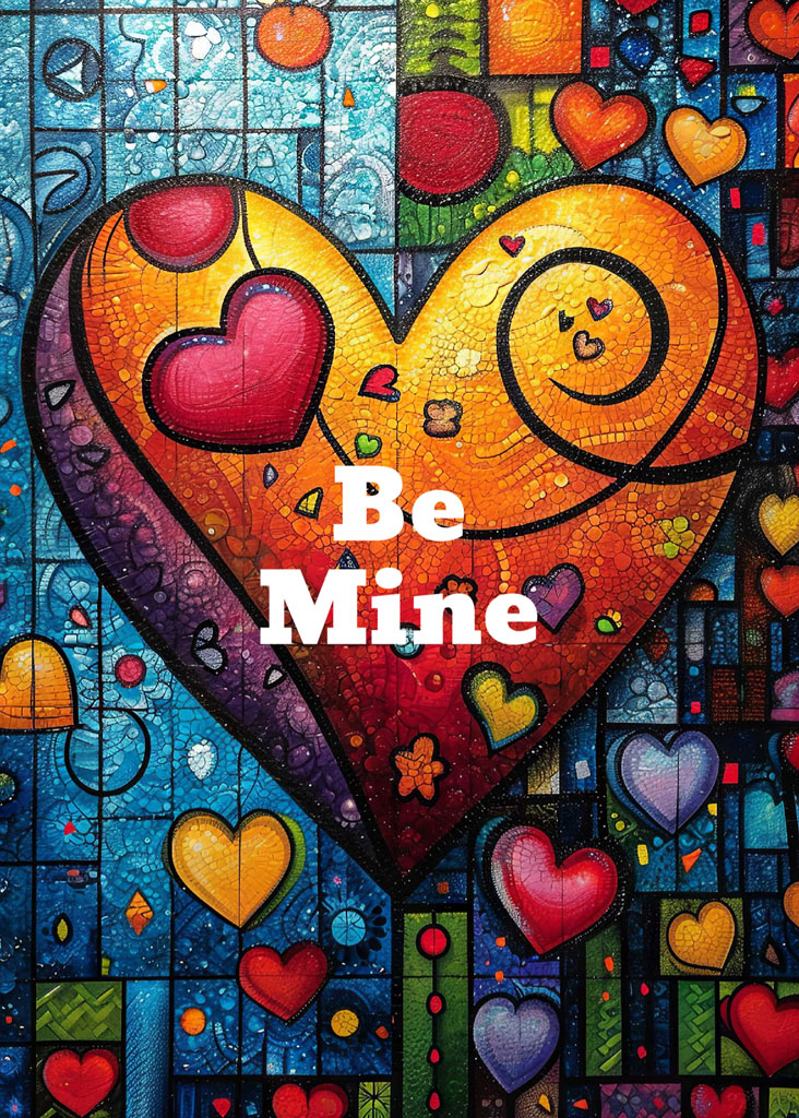Mosaic heart with 'Be Mine' text surrounded by smaller hearts