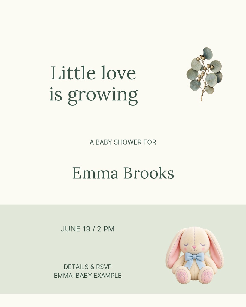 Minimal baby shower invitation with sage text, bunny illustration, and soft green lower panel