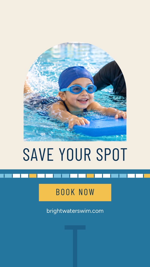 Smiling child wearing blue goggles in a swimming pool with a Book Now call to action.