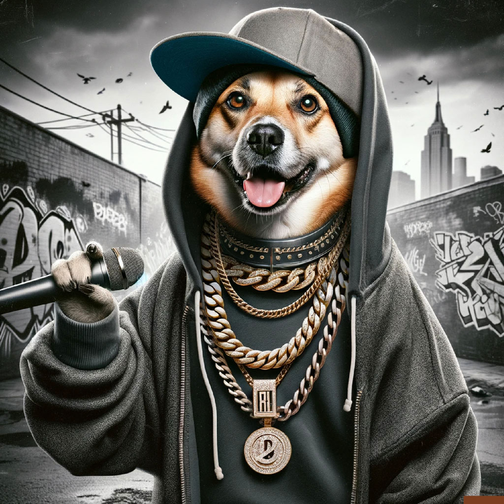 Dog wearing hoodie and gold chains holding a microphone