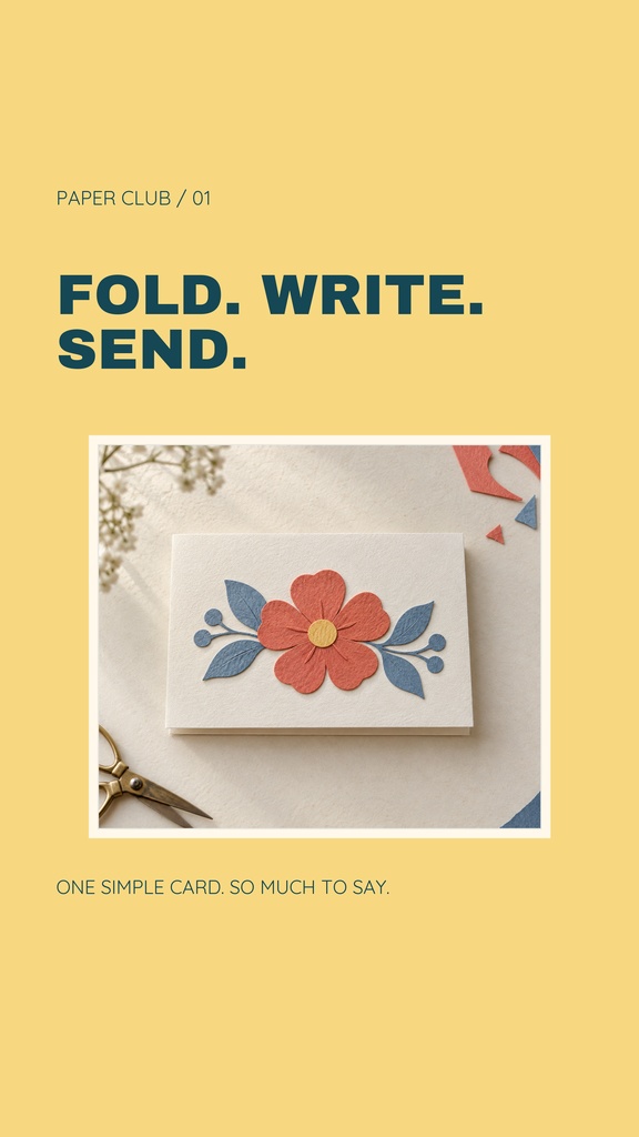 Portrait cover with yellow background, bold Fold. Write. Send. text, and a handmade flower card photo.