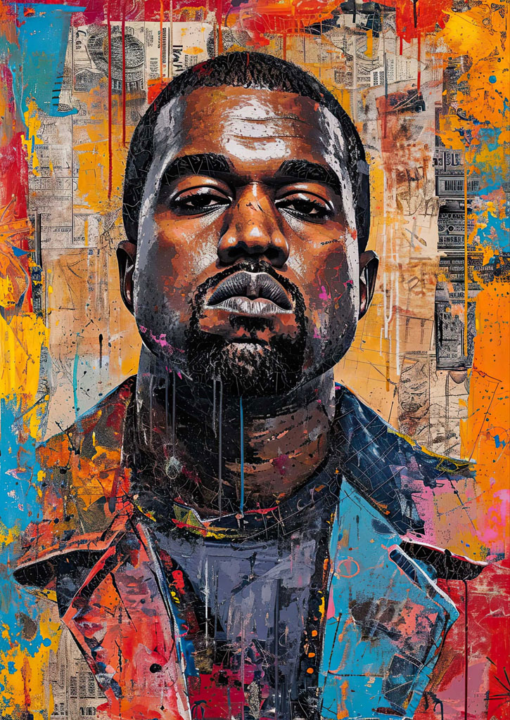 A colorful mixed-media portrait of Kanye West with a blue and red jacket