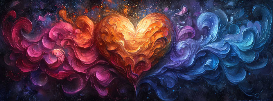 A heart-shaped figure with swirling clouds in shades of red, orange, and blue.