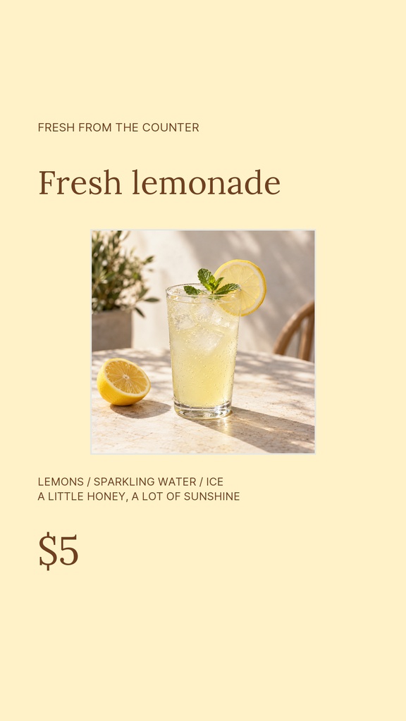 Vertical story template with fresh lemonade photo, pale yellow background, and minimal text layout.