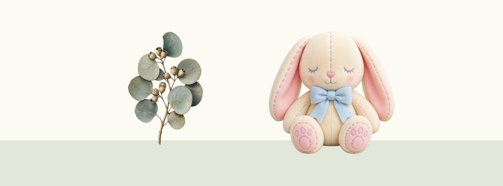 Plush bunny sitting beside eucalyptus sprigs on a soft sage and cream background