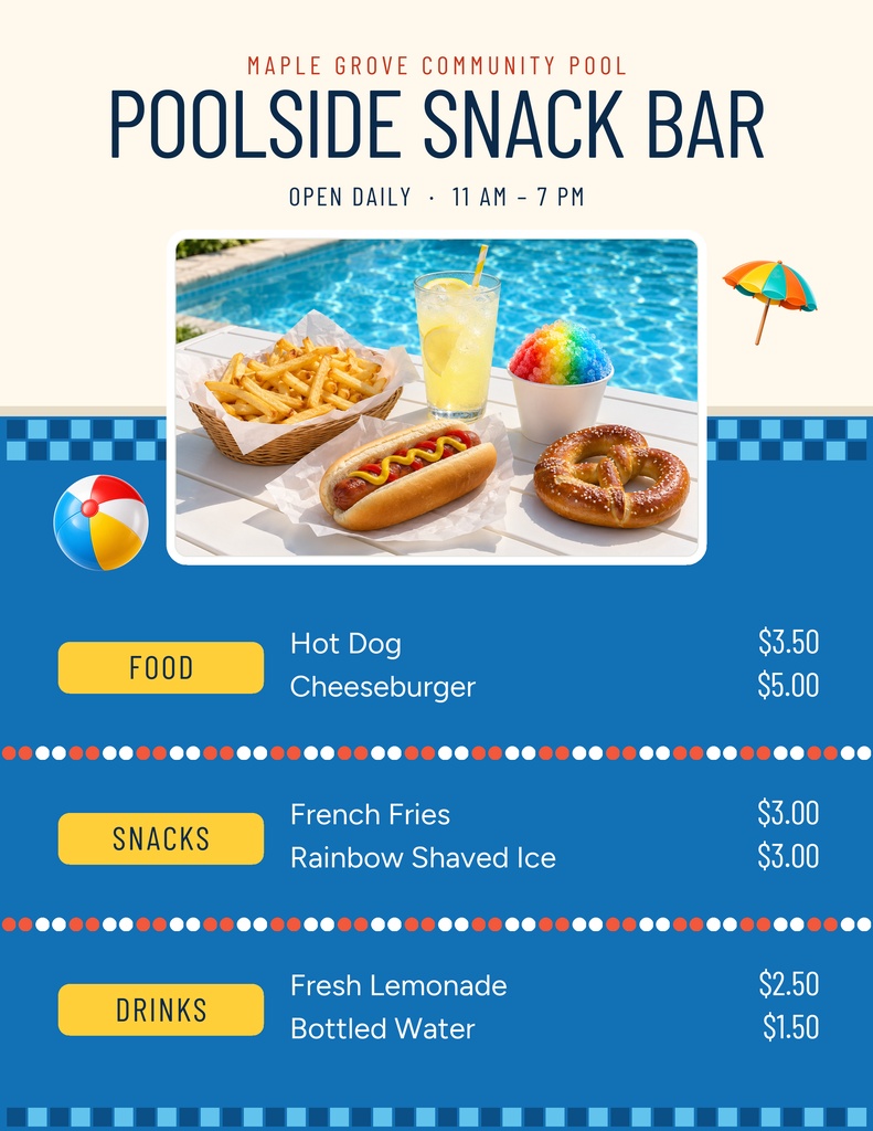 Preview for The Poolside Snack Bar Letter Menu / Price List Template