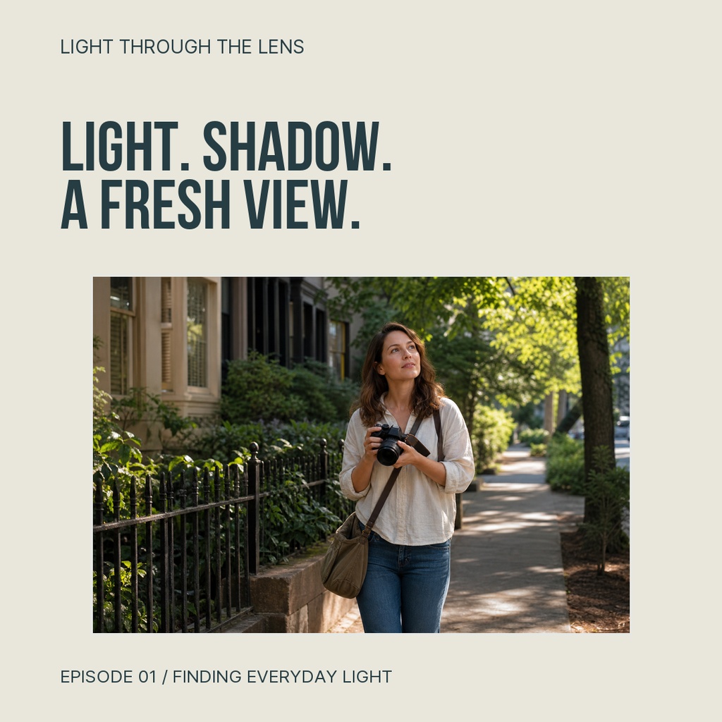 Square post with bold text and a woman holding a camera on a shaded sidewalk.