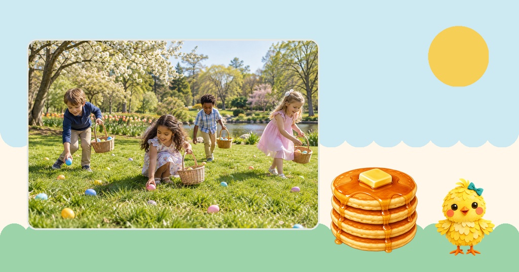 Children hunting Easter eggs on grass with pancakes and a chick on a spring-themed banner