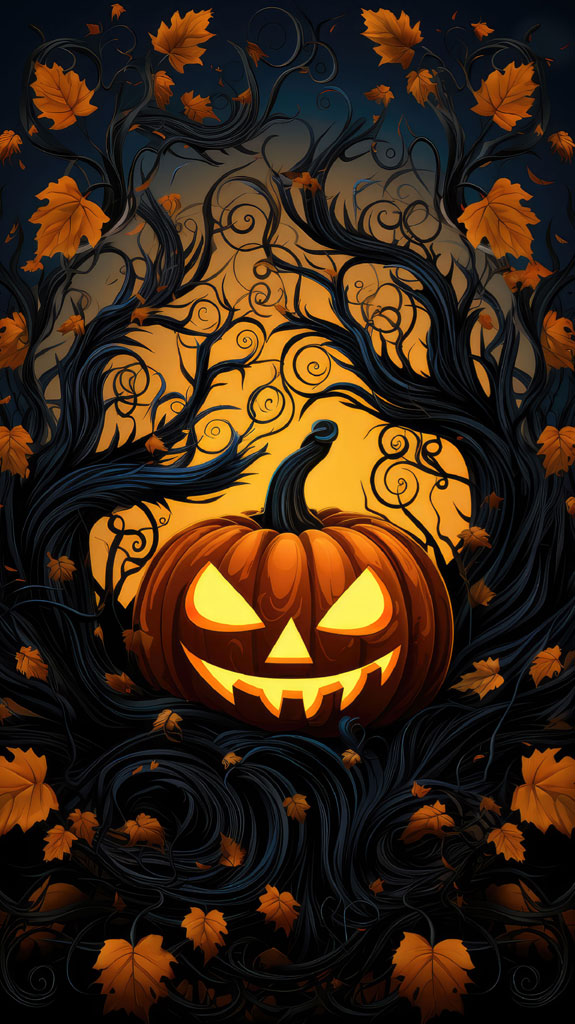 A jack-o-lantern with a glowing face surrounded by dark, swirling tree branches and orange leaves.