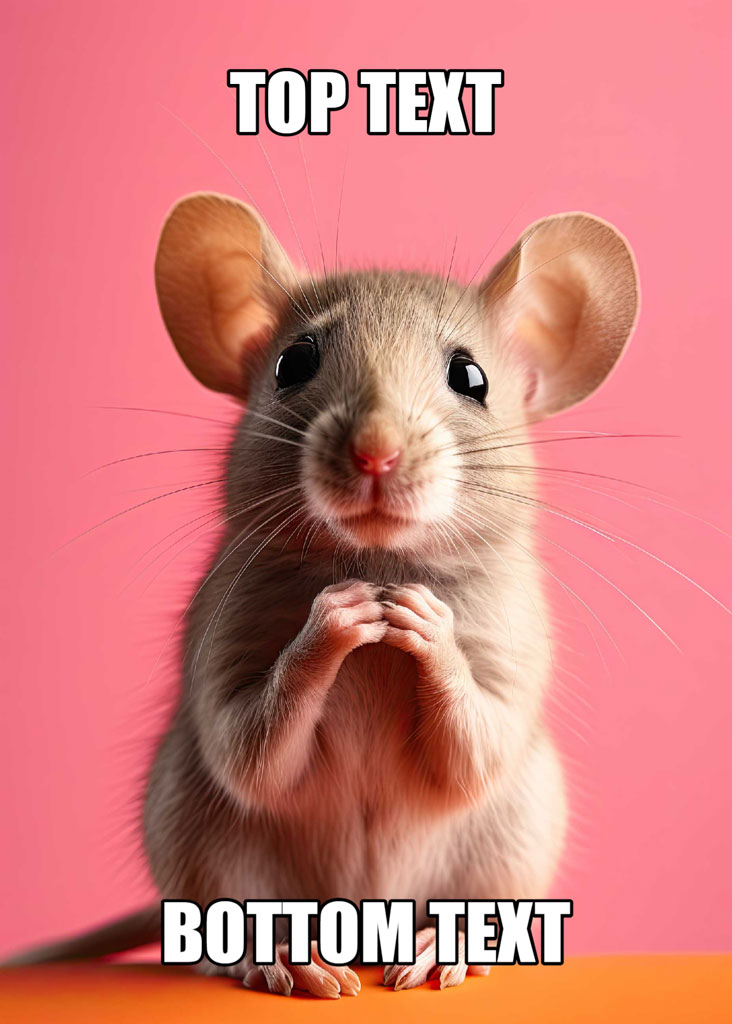 A mouse standing on its hind legs with hands clasped together against a pink background