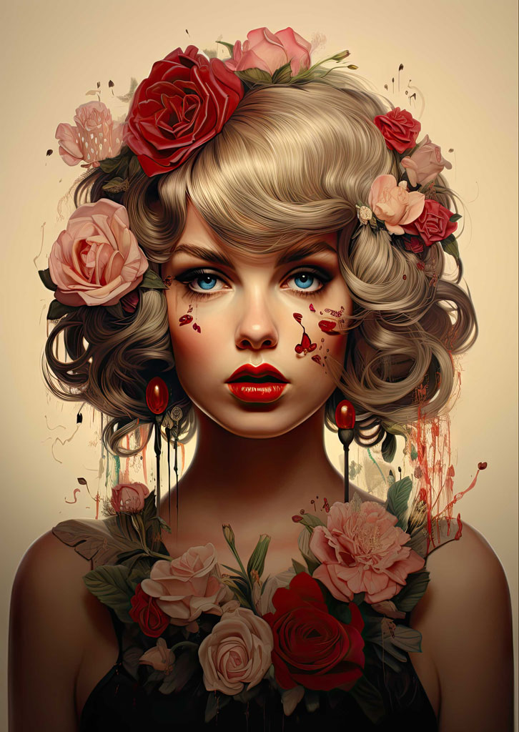 A woman with blonde curly hair adorned with flowers and blood splatter on her face.