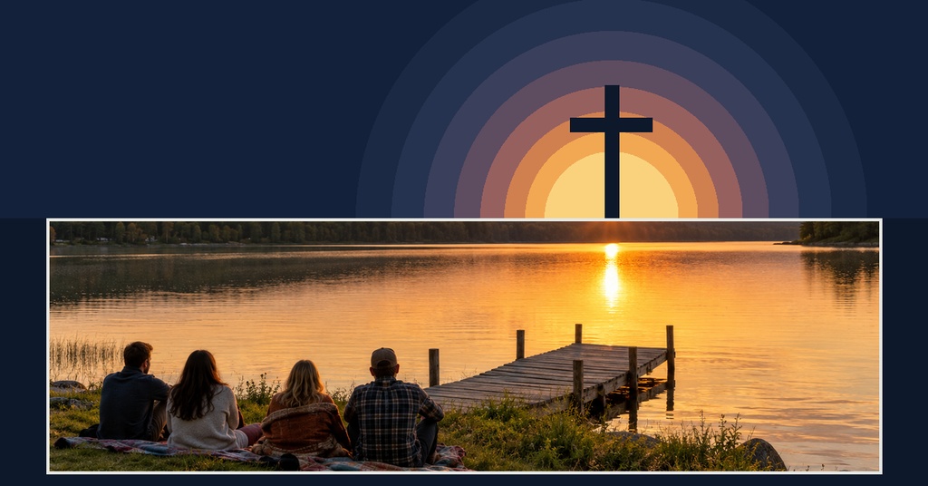 People sitting by a lake at sunset with a dock and cross graphic above