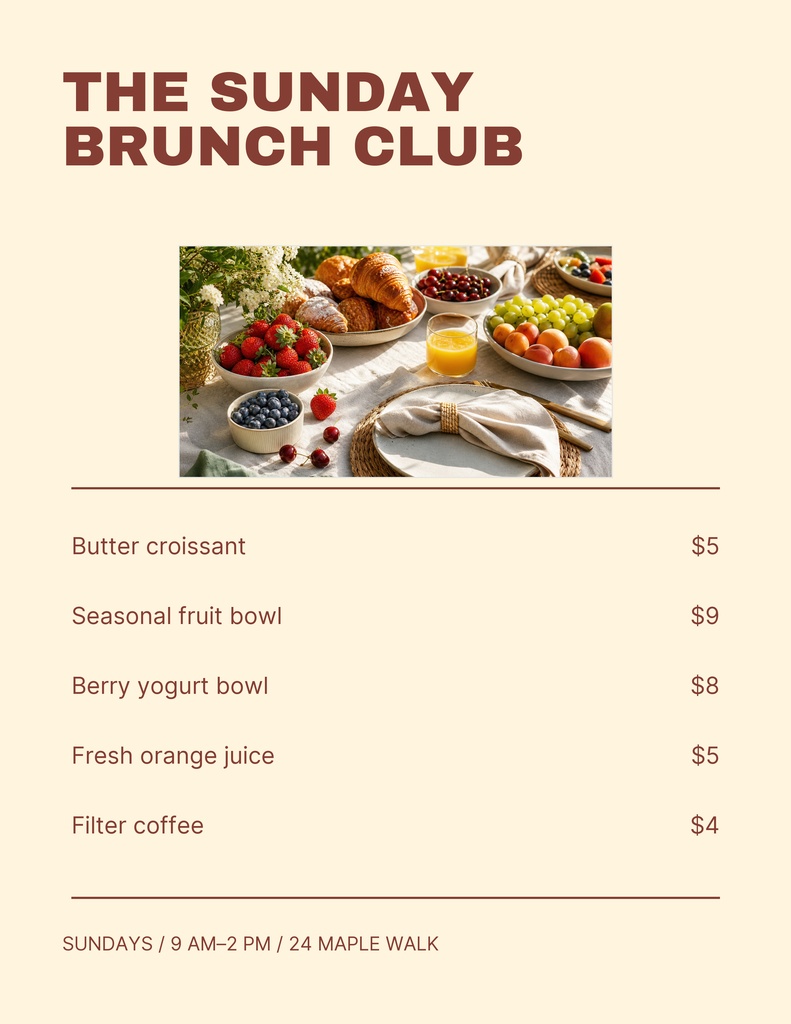 Preview for The Sunday Brunch Club Letter Menu / Price List Template