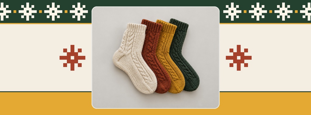 Winter sale Facebook cover template with colorful knit socks on a cream and gold background.