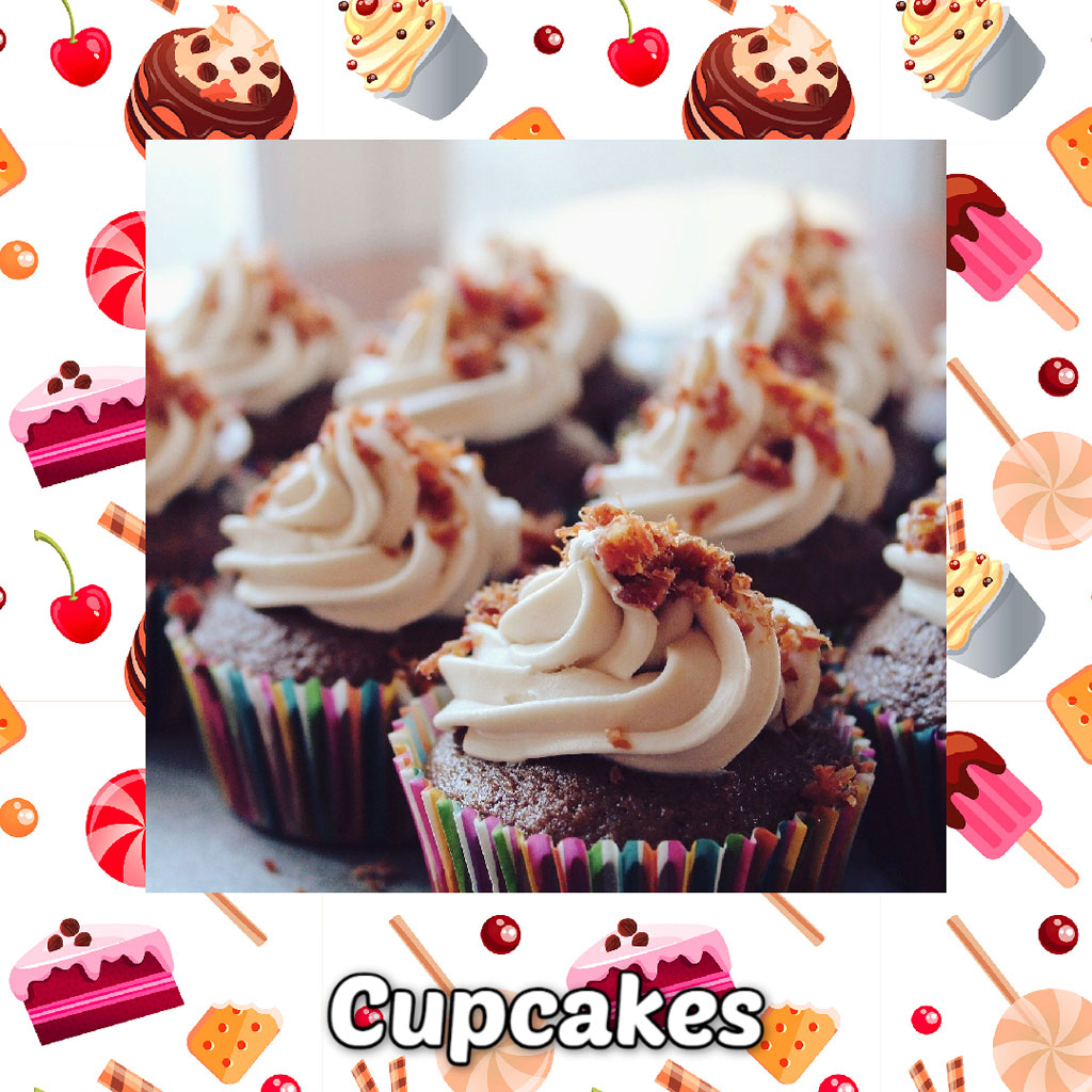 Chocolate cupcakes with caramel frosting and crunchy toppings