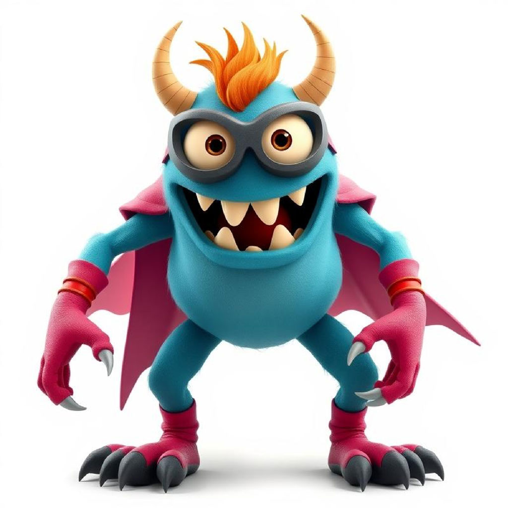 A cartoon monster with blue body, pink cape, and orange hair.