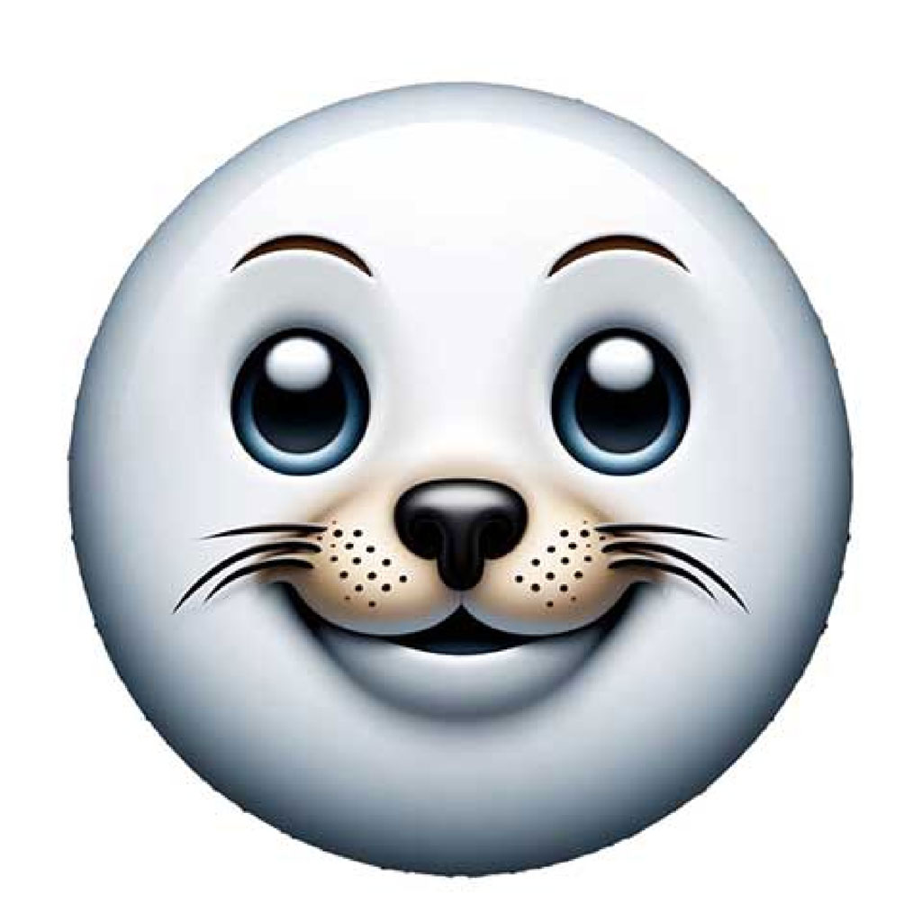 A smiling seal with large eyes and rosy cheeks