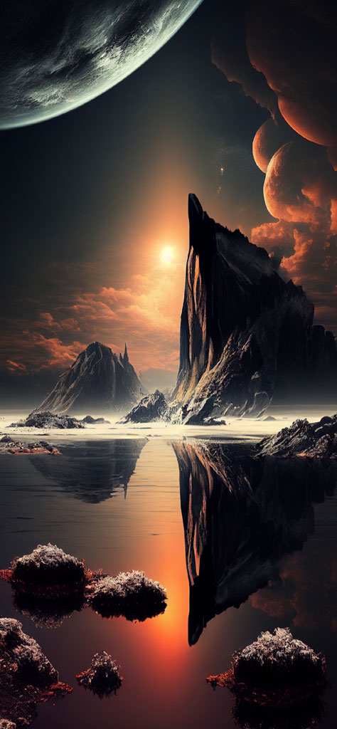 A fantastical alien landscape with a large moon, rocky formations, and a reflective body of water.