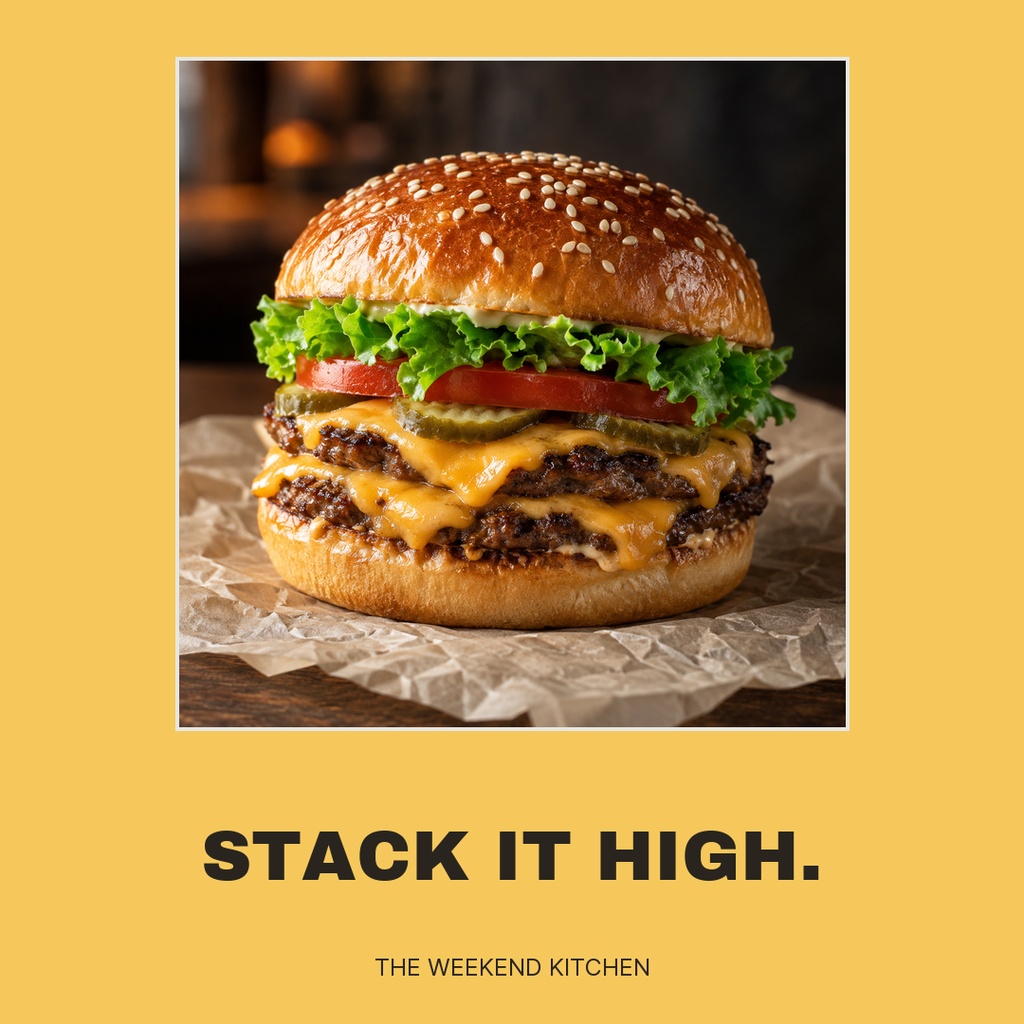 A cheeseburger photo on a mustard yellow square post with the text Stack It High and The Weekend Kitchen.