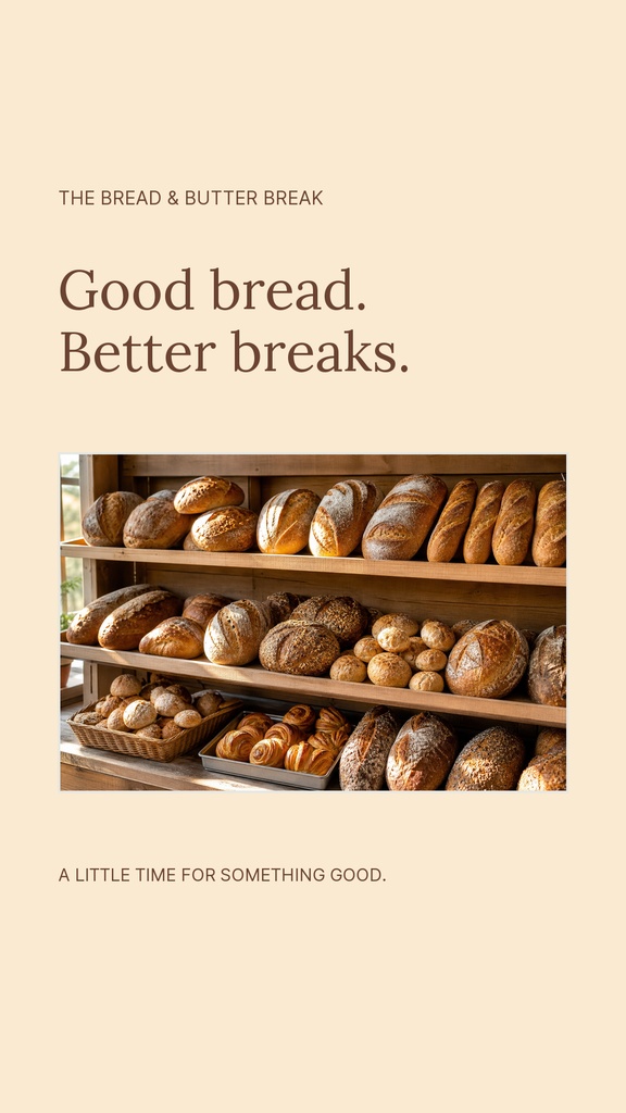Beige story template with bakery text and a photo of shelves filled with fresh bread loaves.