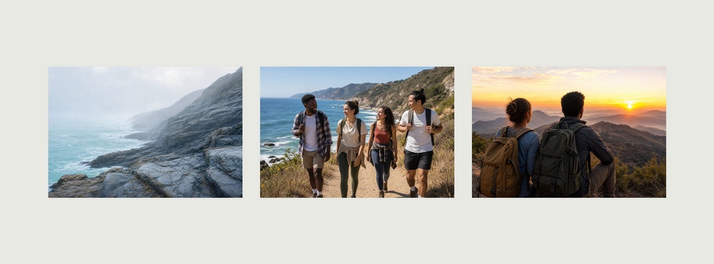 Three travel photos showing a rocky coastline, hikers on a hill, and a couple at sunset.