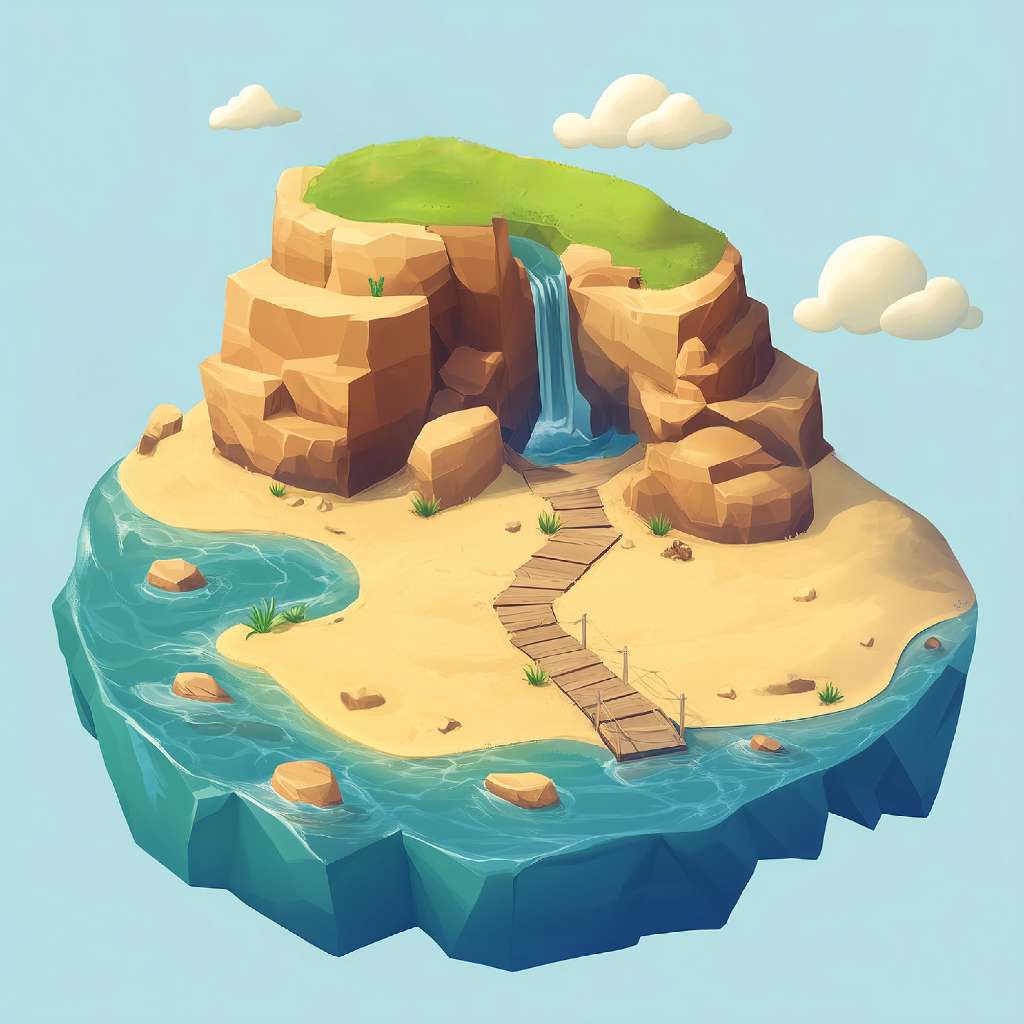 3D illustration of a tropical island with a waterfall and wooden pathway