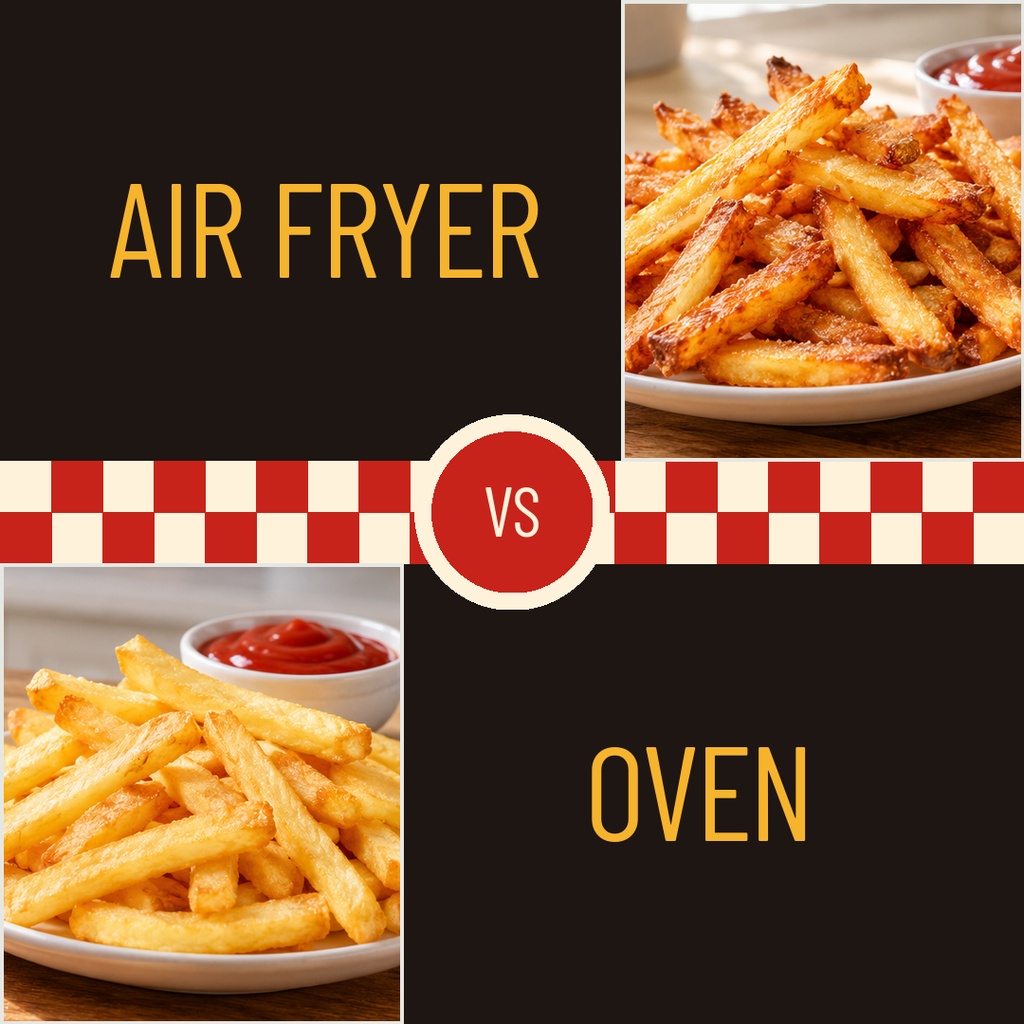 Square comparison template showing air fryer fries and oven fries with a red versus badge.