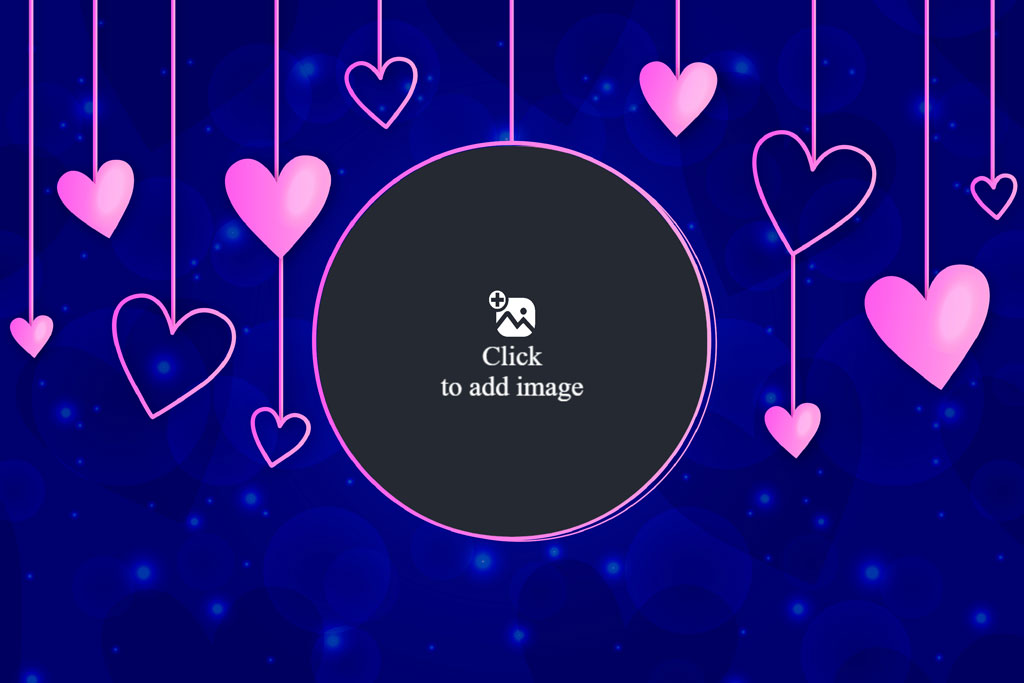 A blue background with pink hearts hanging from the top.