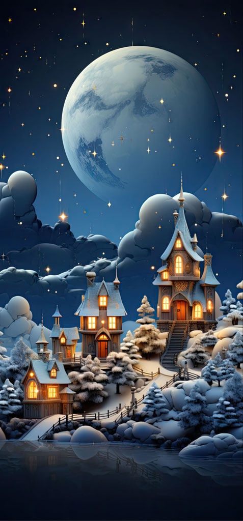 A digital illustration of a snowy village under a large moon.