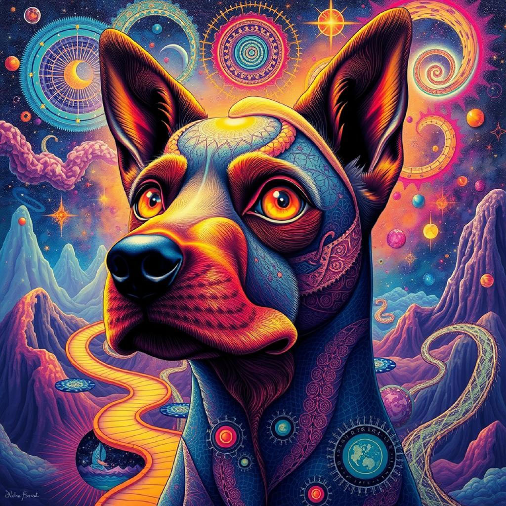 A psychedelic artwork featuring a face with a cosmic aura and a stairway to a fantastical realm.